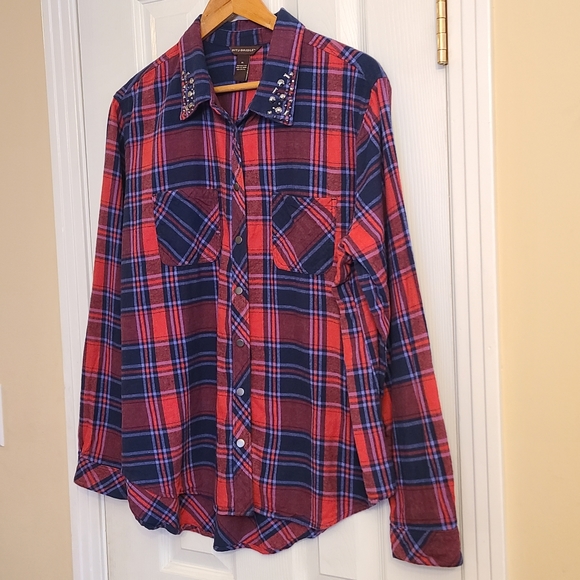 BIT & BRIDLE Red Navy Plaid Embellished Collar Long Sleeve Flannel Shirt Size XL - Picture 2 of 10